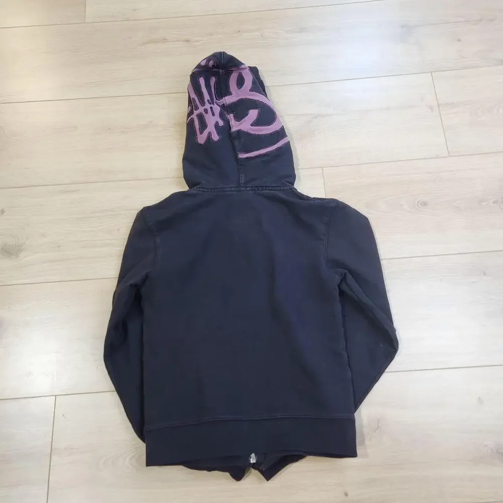 Stussy Hoodie Womens XS Black Pink Full Zip Graphic Hood Fleece Sweatshirt Y2K